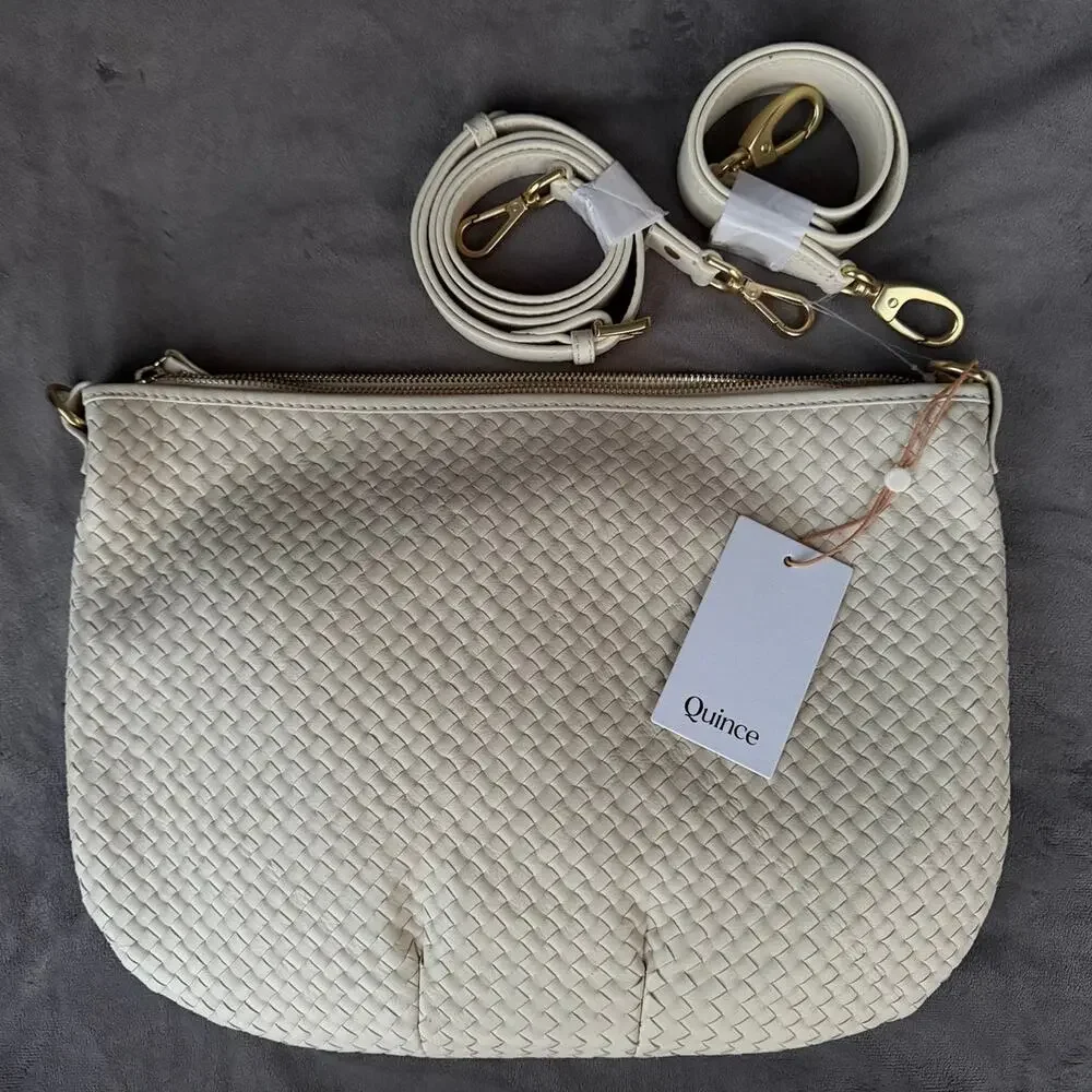 Quince Italian Leather Convertible Crescent Handwoven Shoulder Bag Bone NWT